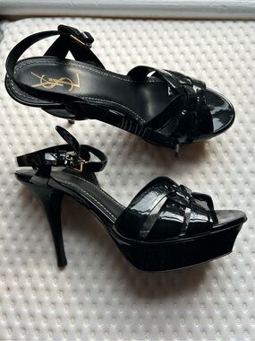 Yves Saint Laurent YSL Tribute 105 Black Patent Platform Sandals 38.5